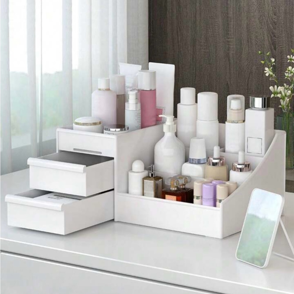 1pc White Drawer Cosmetic Storage Box Makeup Organizer With Dividers Shelf